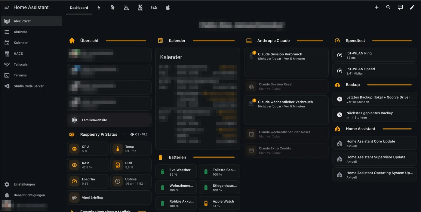 Home-Assistant-Dashboard mit Übersicht, Kalender, Raspberry-Pi-Status und Backup-Zustand